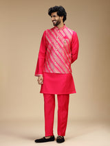 Hot pink banarasi brocade silk mens waistcoat set