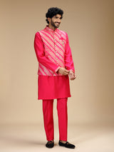 Hot pink banarasi brocade silk mens waistcoat set