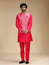 Hot pink banarasi brocade silk mens waistcoat set