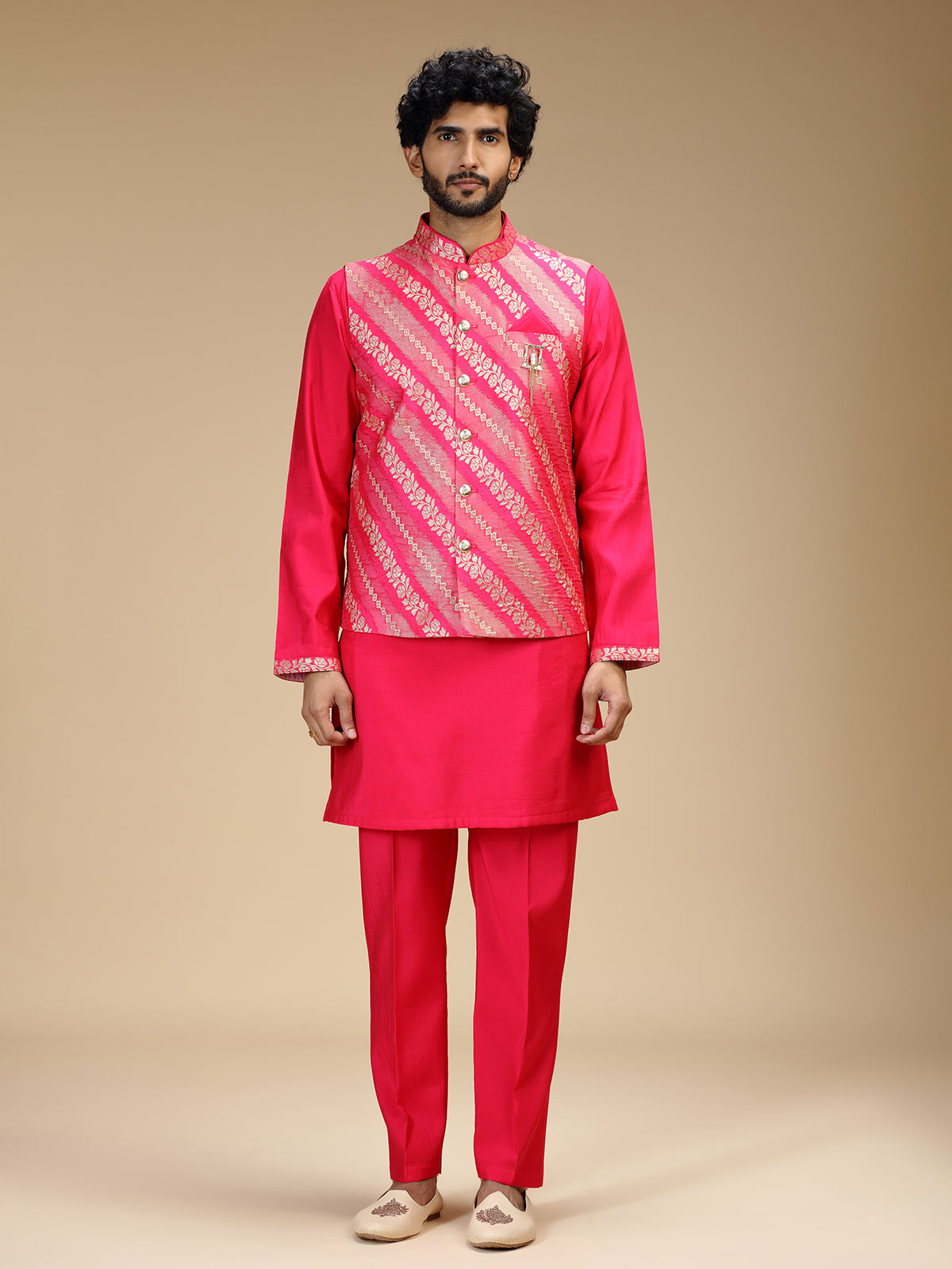 Hot pink banarasi brocade silk mens waistcoat set