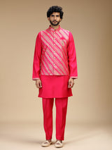 Hot pink banarasi brocade silk mens waistcoat set