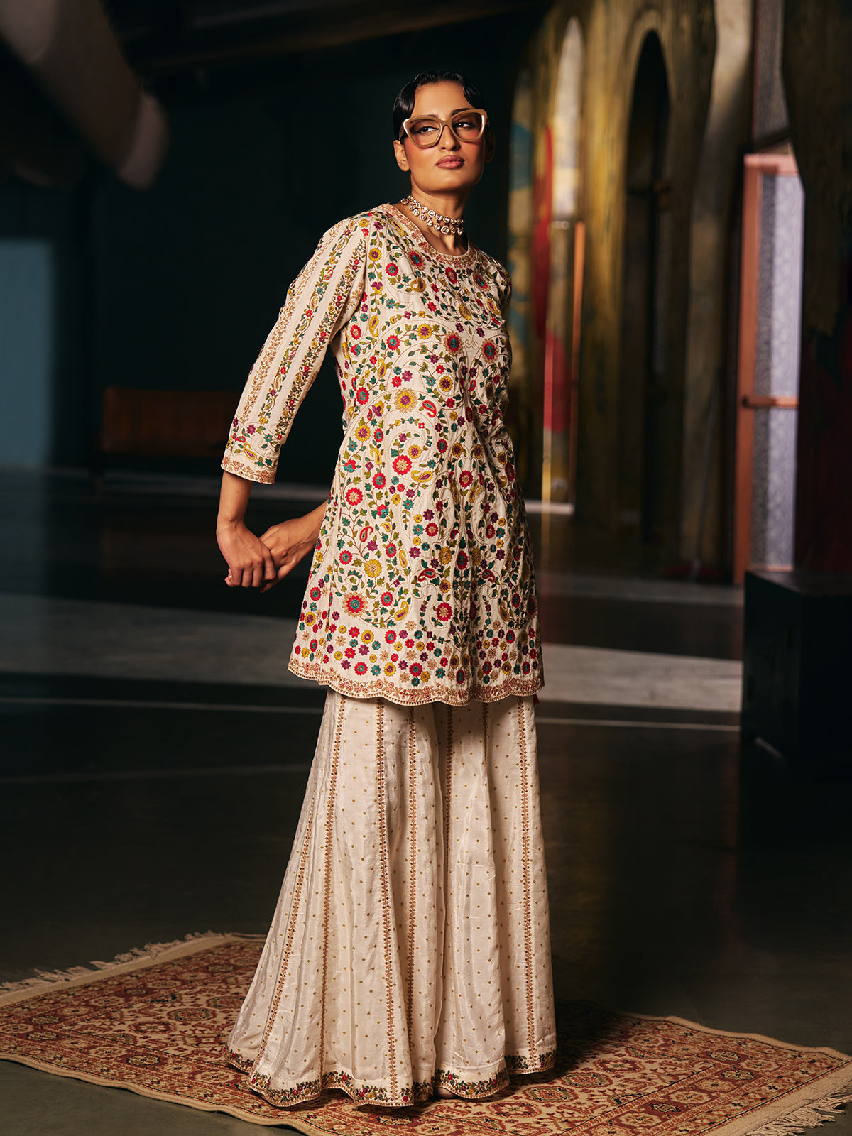 Cream silk womens sharara suit with botanical embroidery