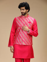 Hot pink banarasi brocade silk mens waistcoat set