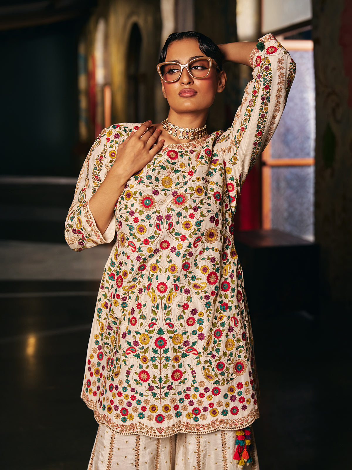 Cream silk womens sharara suit with botanical embroidery