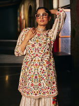 Cream silk womens sharara suit with botanical embroidery