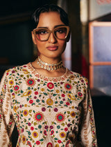 Cream silk womens sharara suit with botanical embroidery