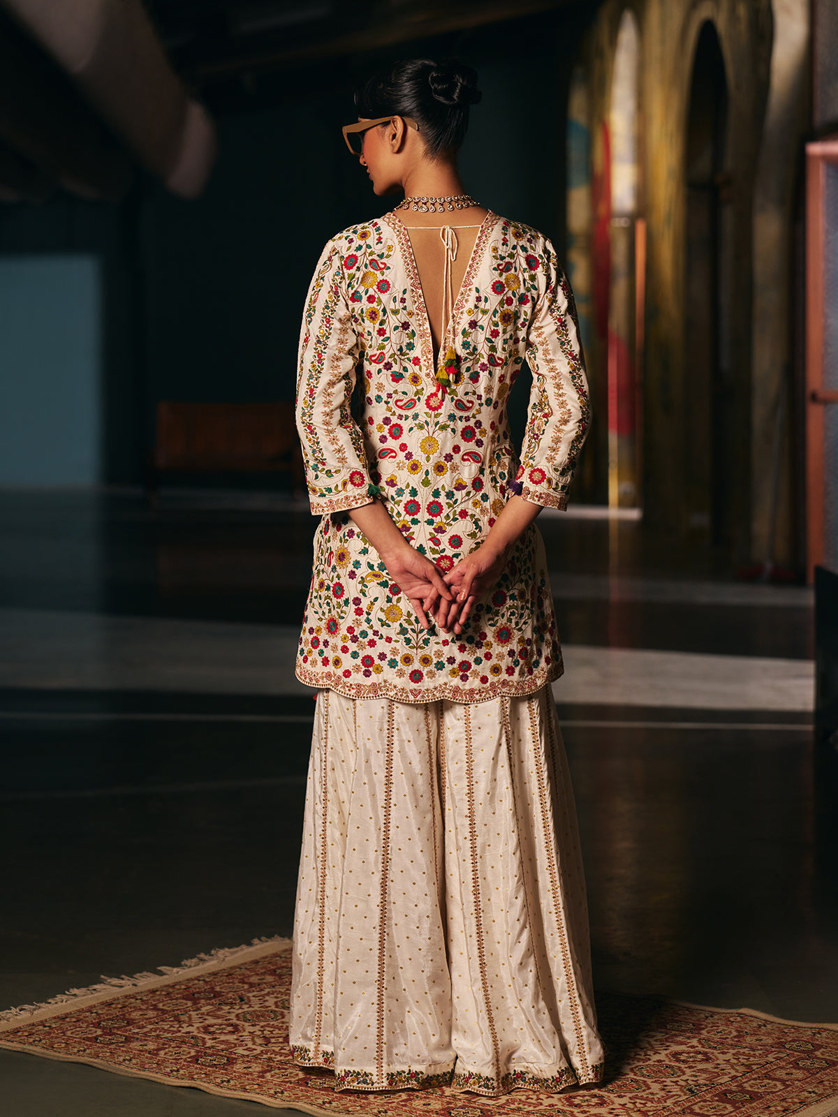 Cream silk womens sharara suit with botanical embroidery