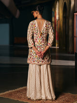 Cream silk womens sharara suit with botanical embroidery