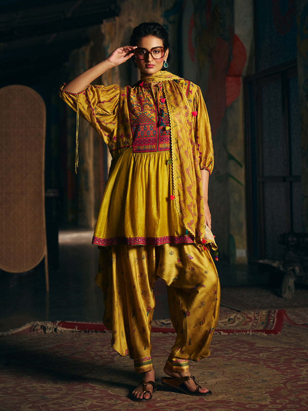 Mustard yellow womens dhoti suit