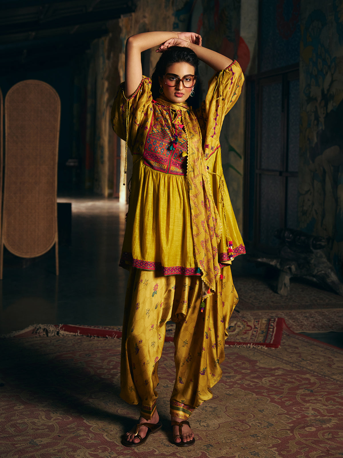 Mustard yellow womens dhoti suit