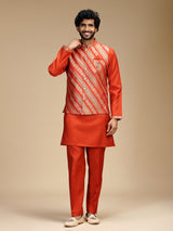 Rust orange banarasi brocade silk mens nehru jacket set