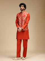 Rust orange banarasi brocade silk mens nehru jacket set
