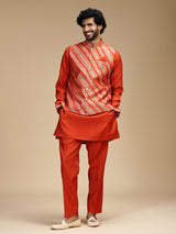 Rust orange banarasi brocade silk mens nehru jacket set