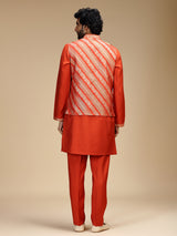 Rust orange banarasi brocade silk mens nehru jacket set