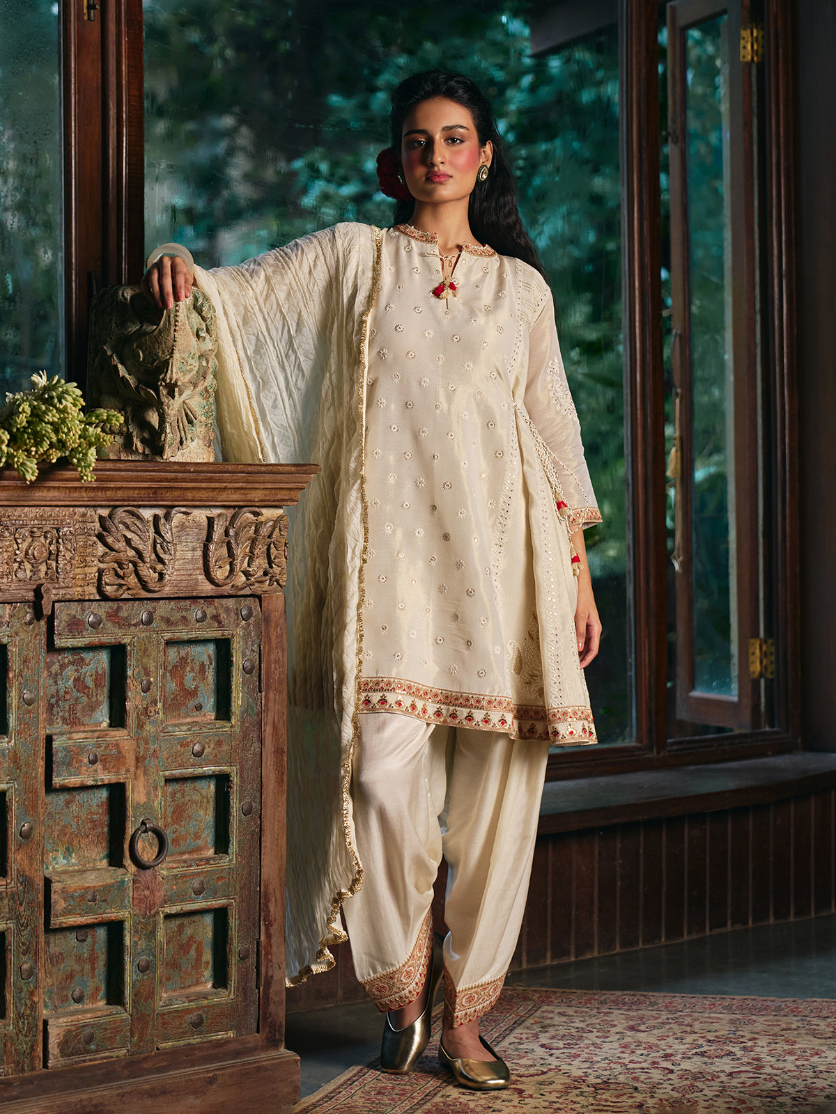 Ivory white womens salwar suit with paisley embroidery