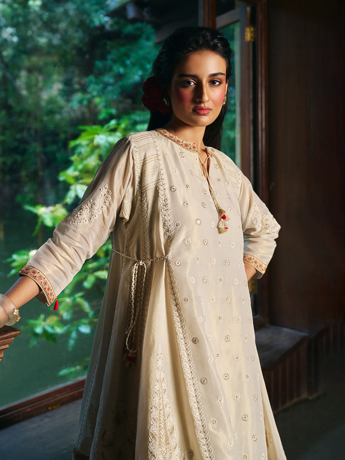 Ivory white womens salwar suit with paisley embroidery