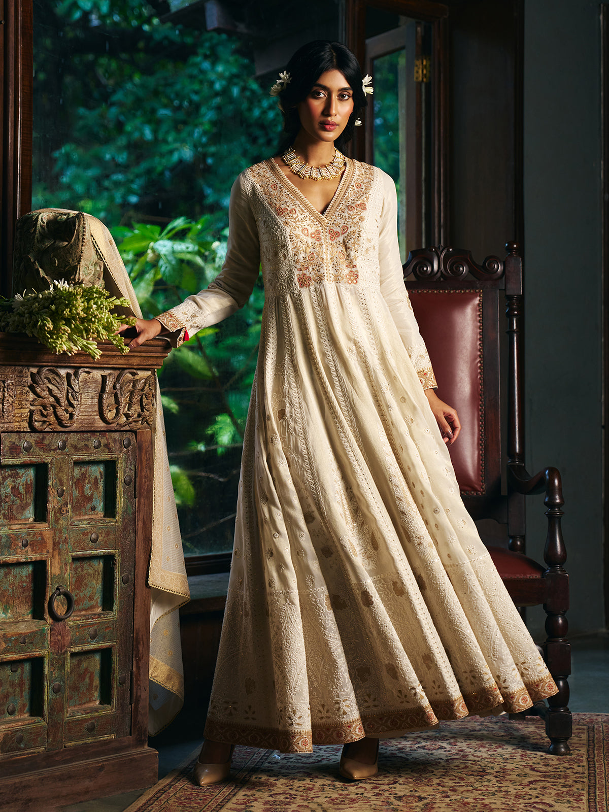 Off white womens floor length anarkali suit with dupatta