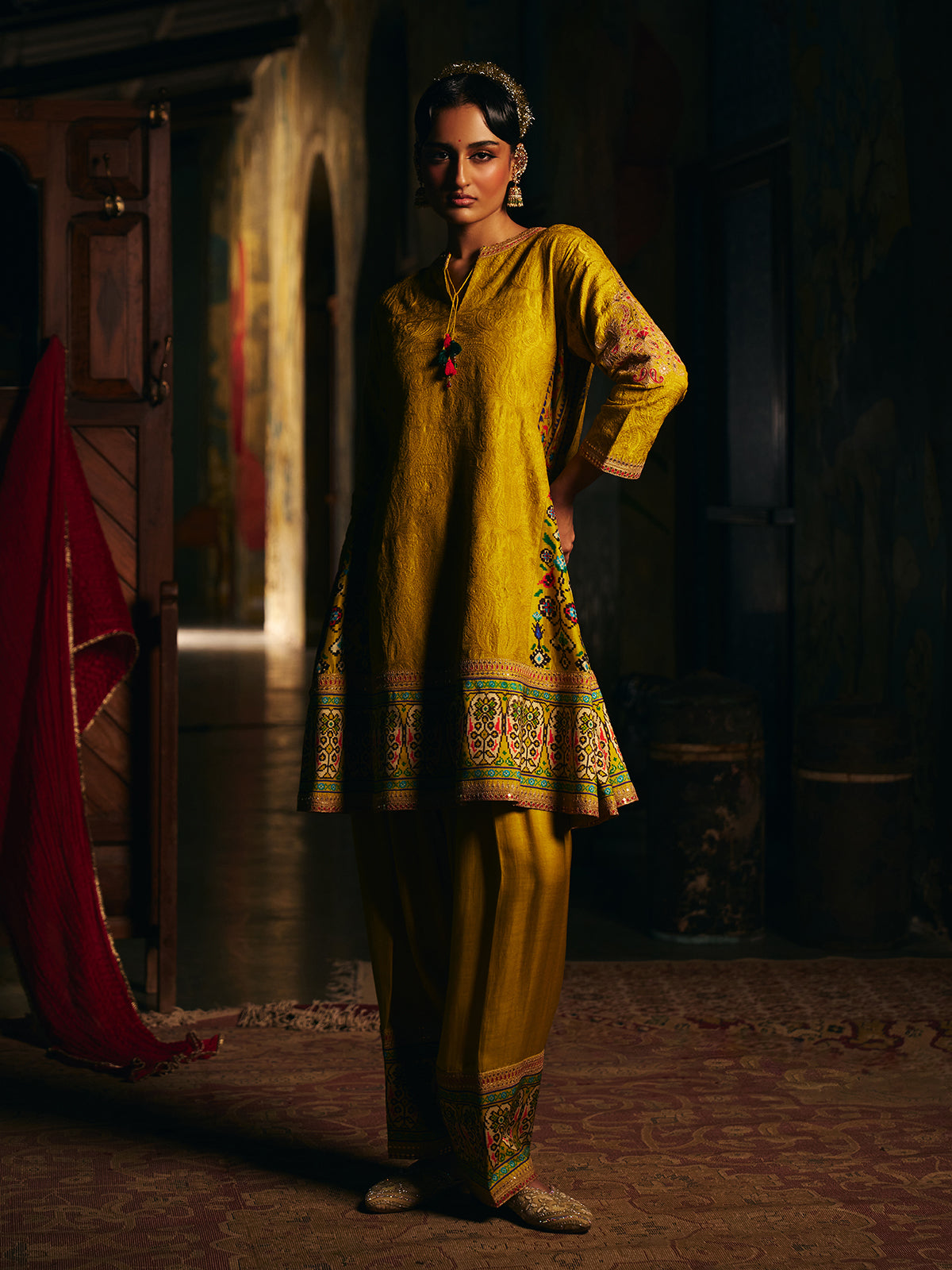 Mehendi yellow womens Patola print salwar suit with embroidery