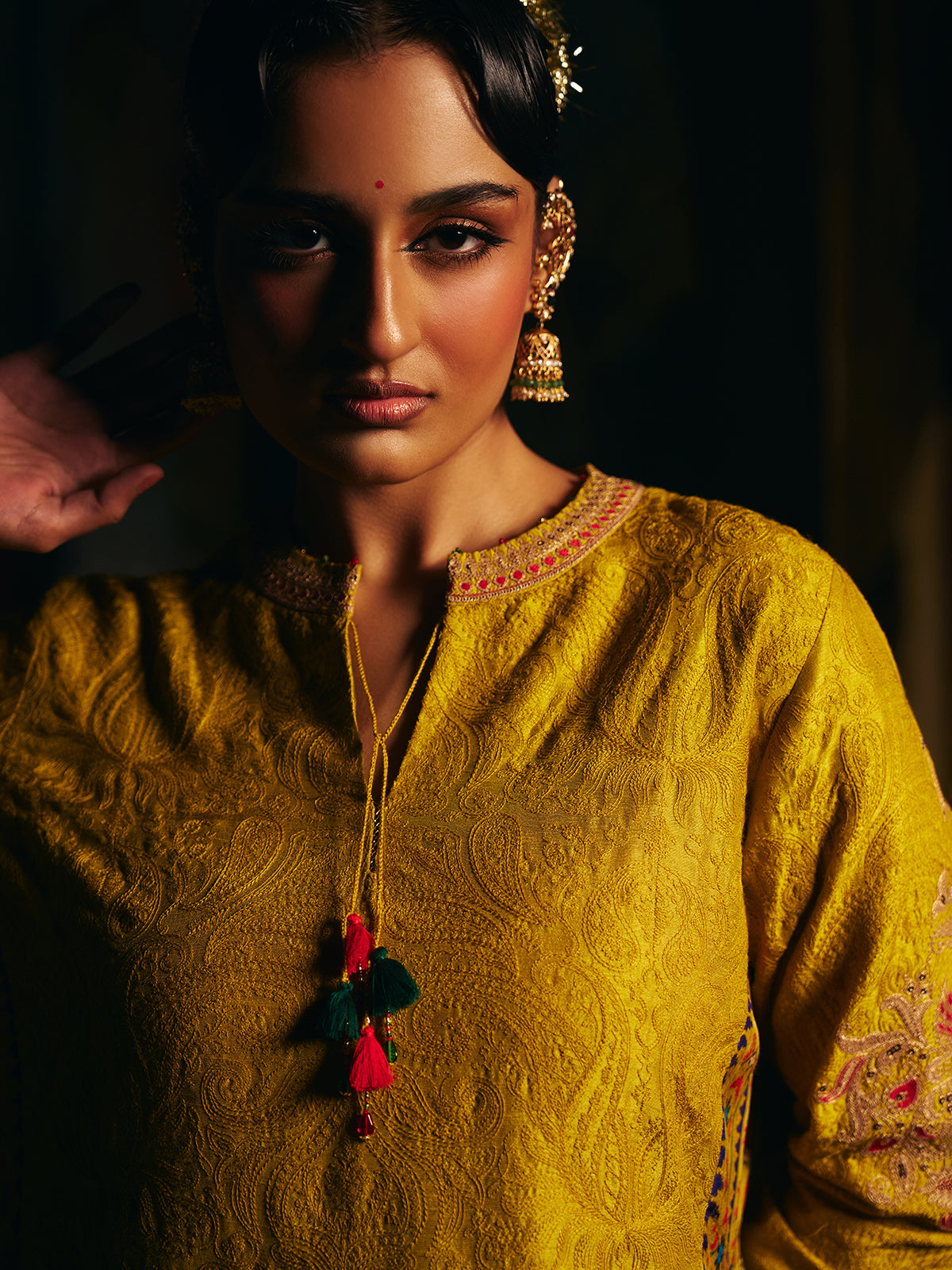 Mehendi yellow womens Patola print salwar suit with embroidery