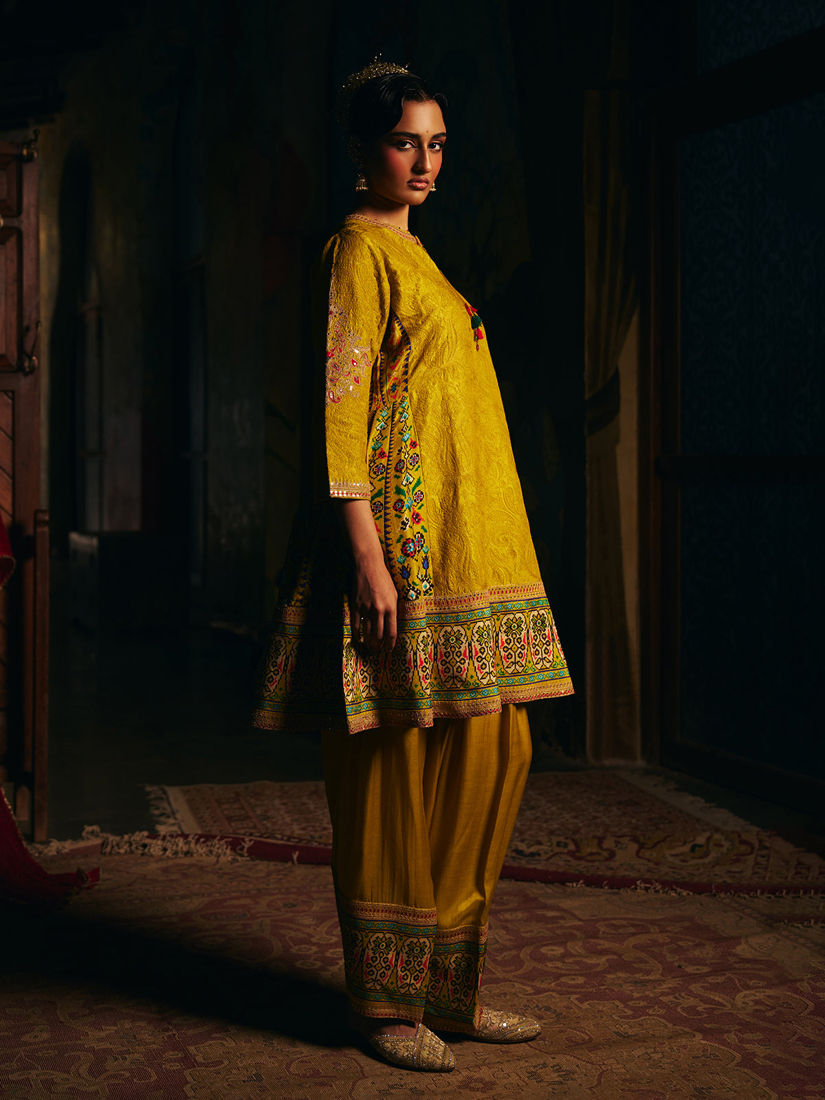 Mehendi yellow womens Patola print salwar suit with embroidery