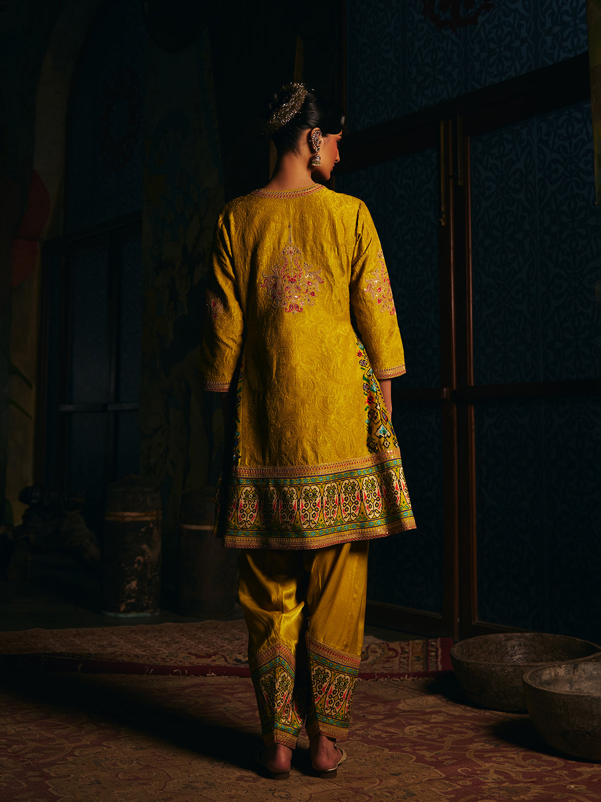 Mehendi yellow womens Patola print salwar suit with embroidery