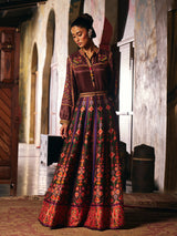 Brown womens floor length Patola suit with mirror embroidery