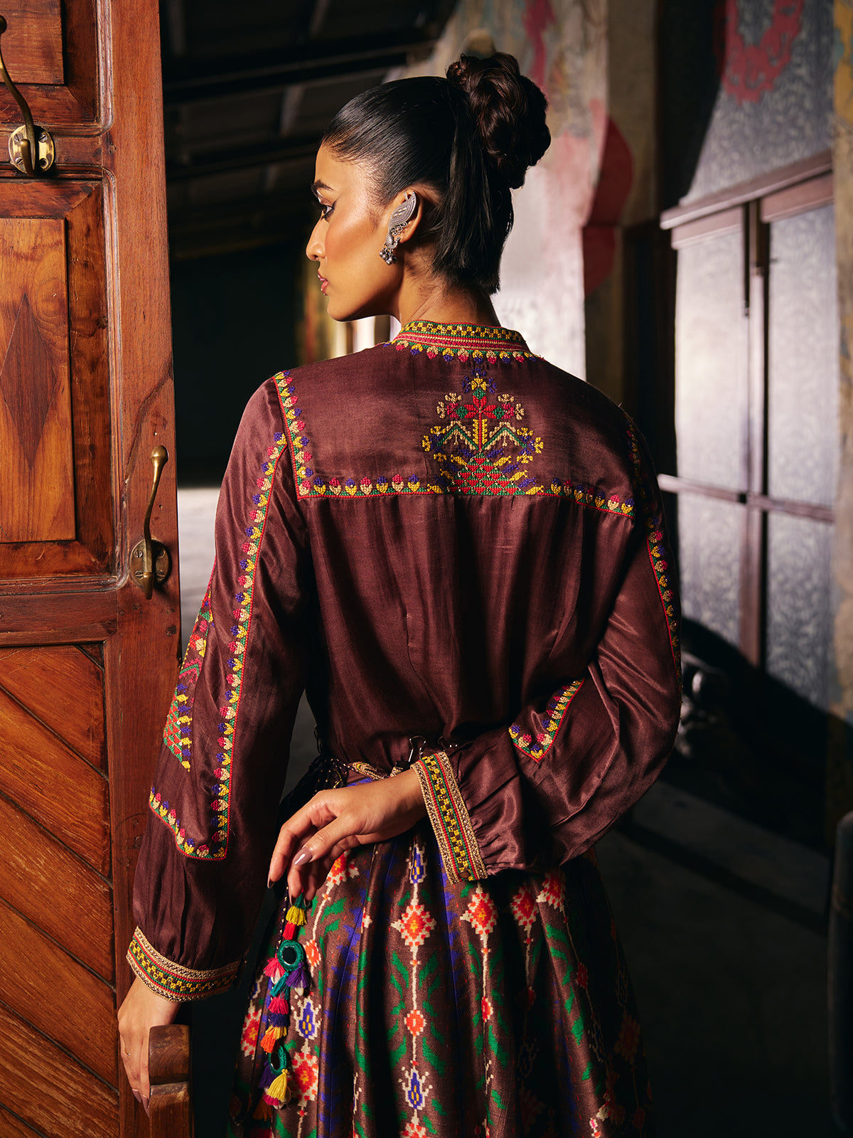 Brown womens floor length Patola suit with mirror embroidery