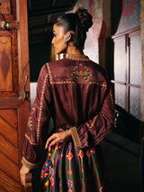 Brown womens floor length Patola suit with mirror embroidery