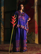Royal blue womens designer fusion palazzo suit with Kutchi motifs