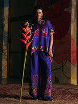 Royal blue womens designer fusion palazzo suit with Kutchi motifs
