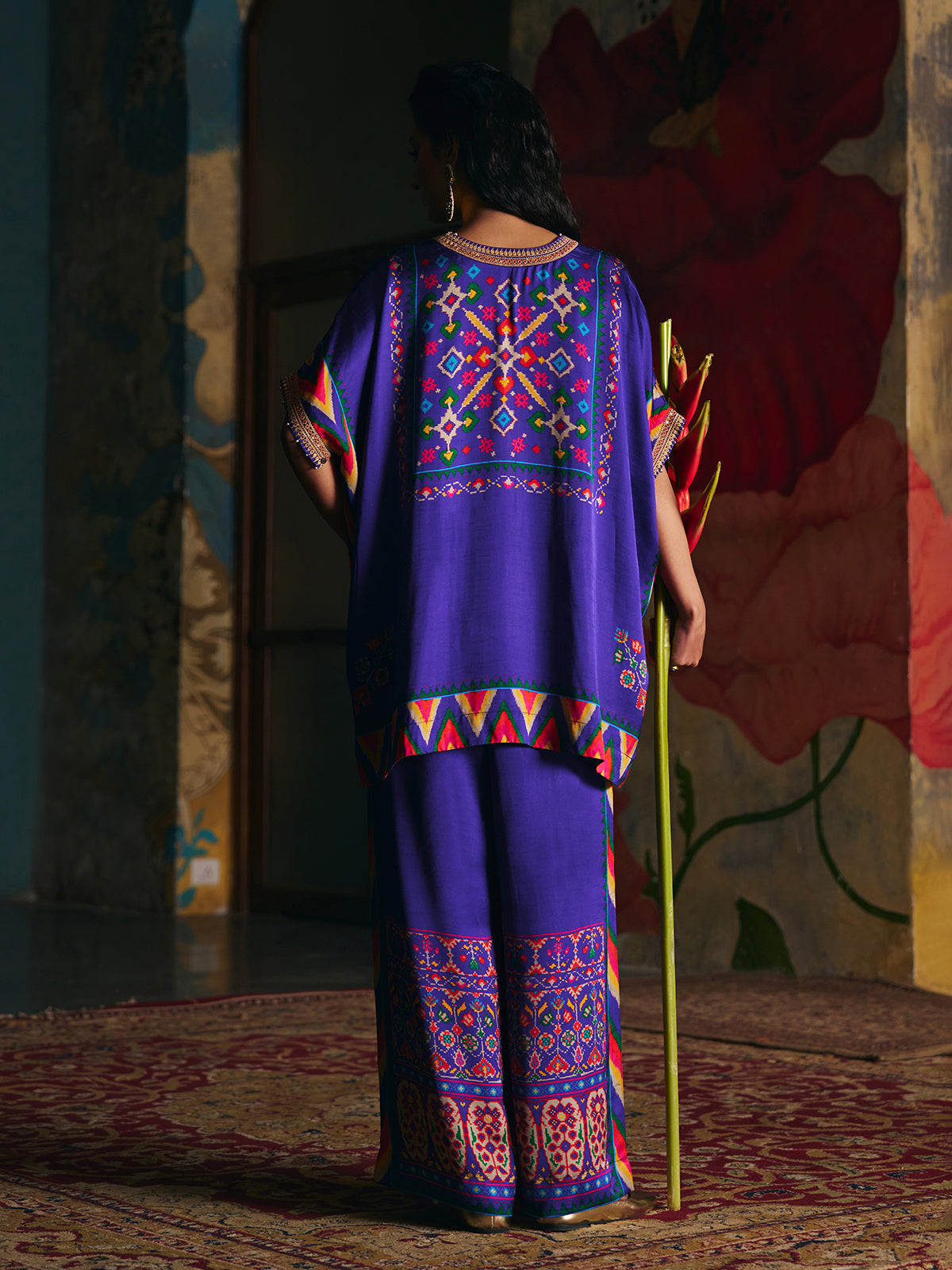 Royal blue womens designer fusion palazzo suit with Kutchi motifs