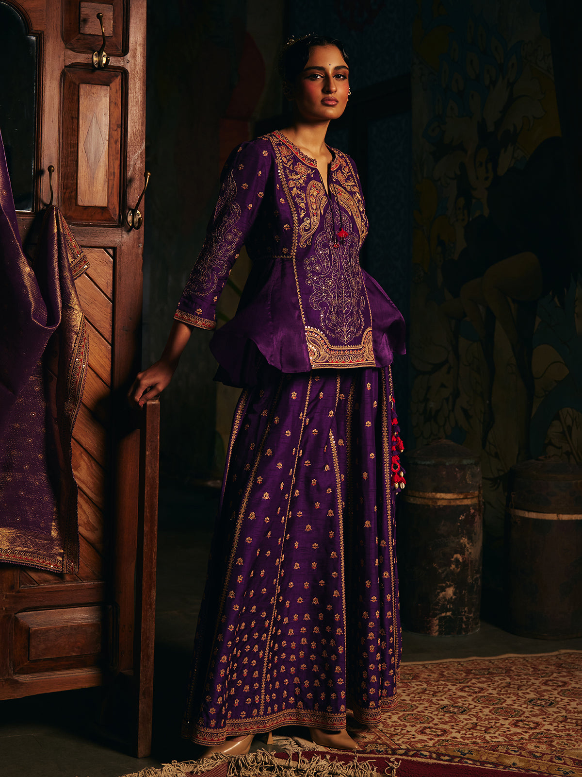 Purple womens palazzo suit with paisley embroidery
