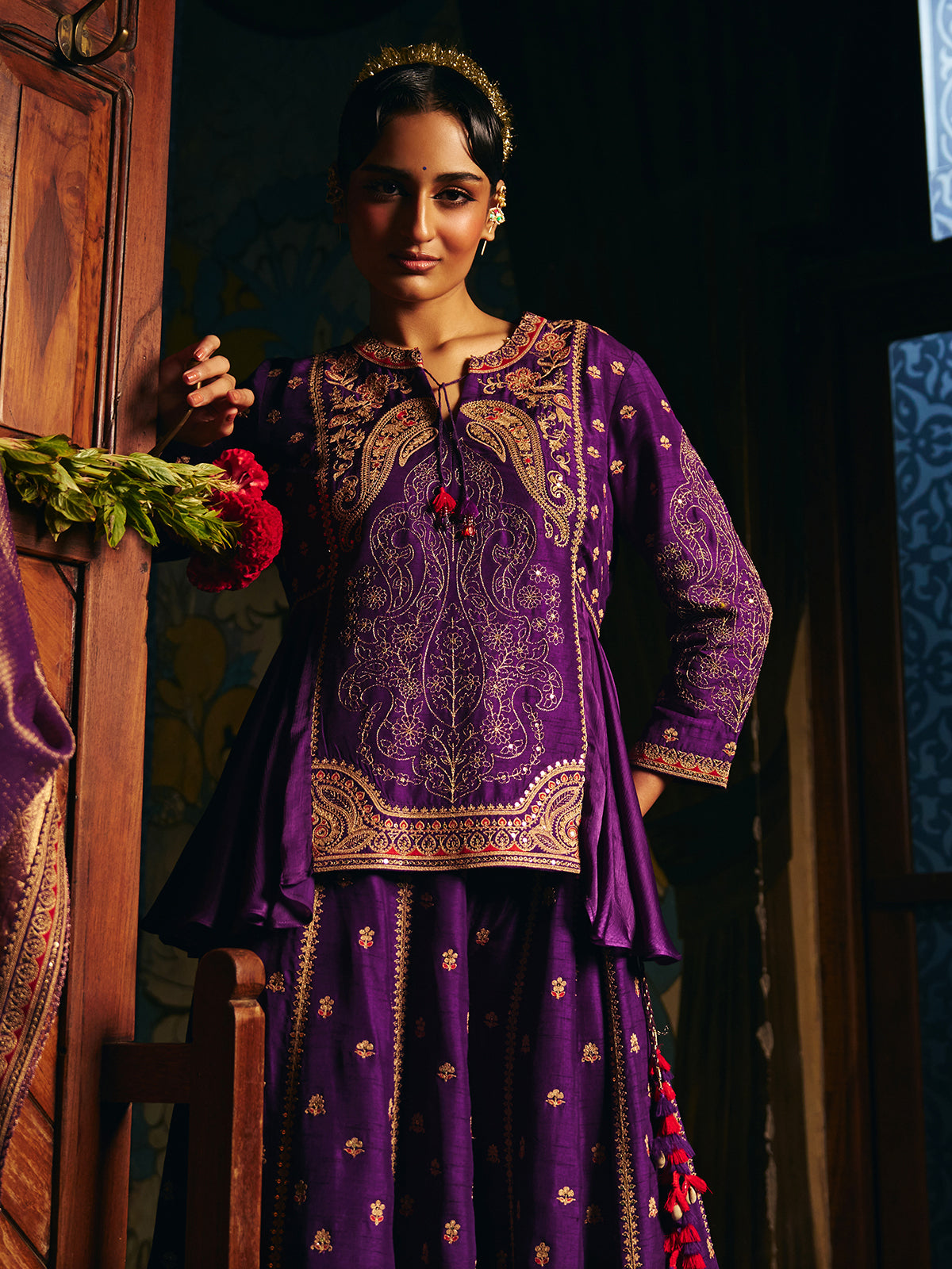 Purple womens palazzo suit with paisley embroidery