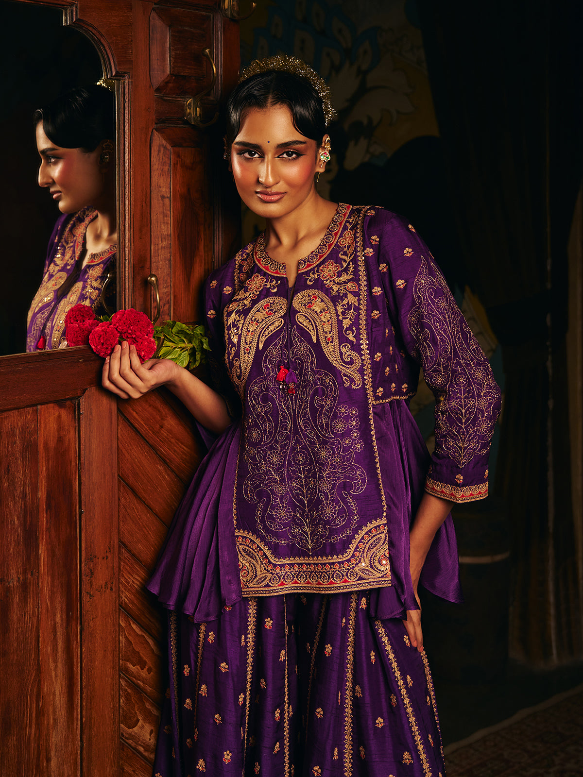 Purple womens palazzo suit with paisley embroidery