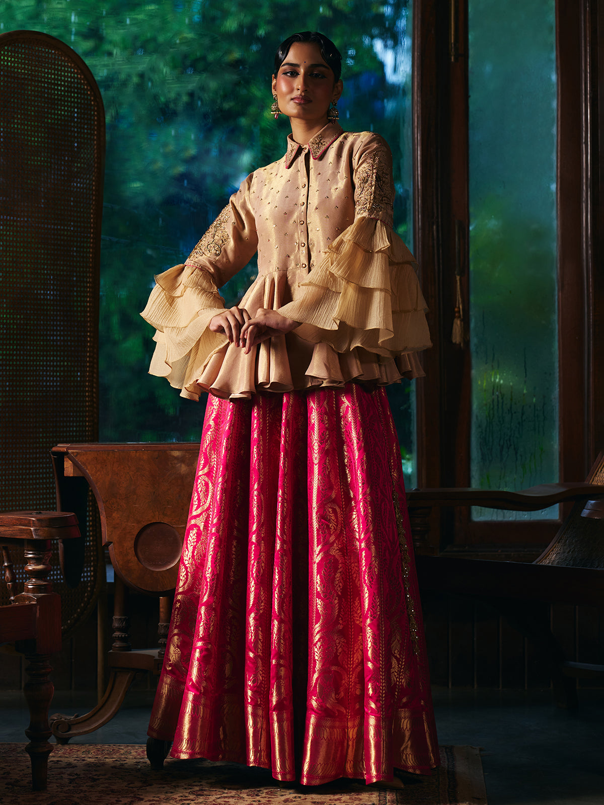 Pink beige womens banarasi brocade lehenga choli