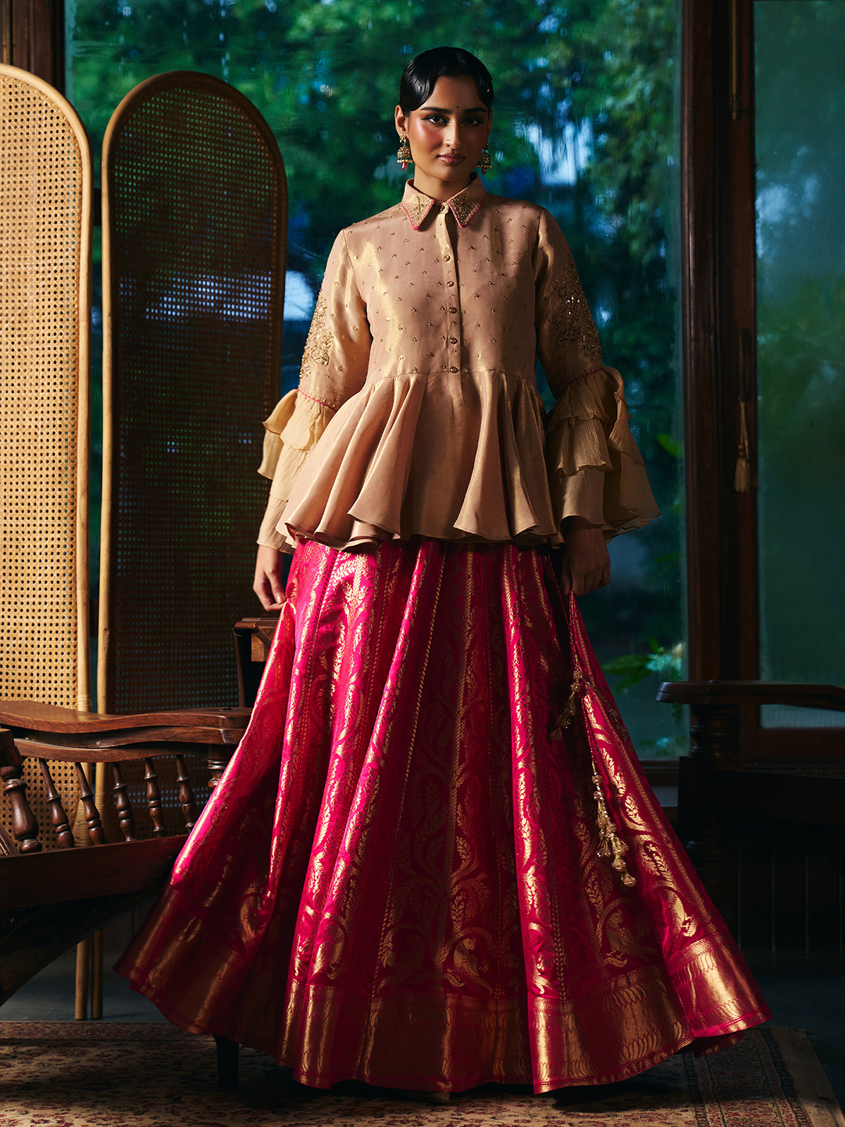 Pink beige womens banarasi brocade lehenga choli