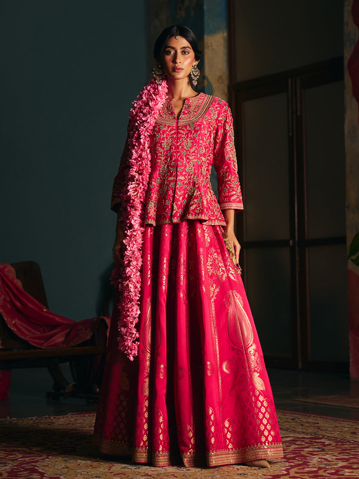 Magenta pink womens mughal angrakha lehenga choli