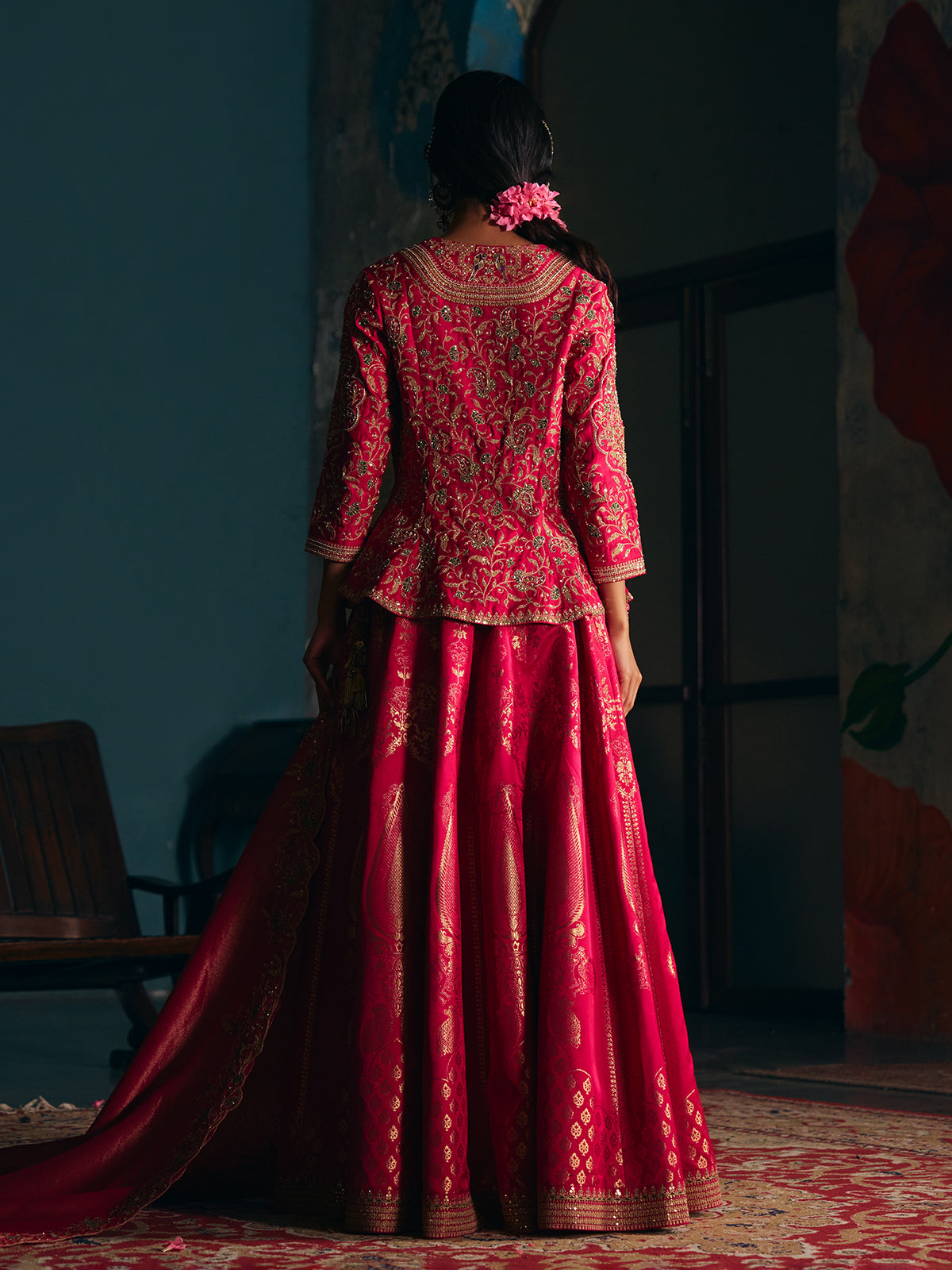 Magenta pink womens mughal angrakha lehenga choli