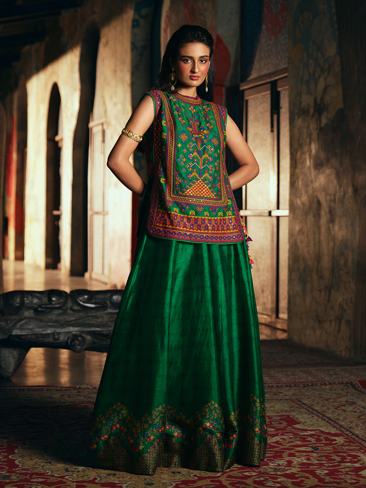 Green womens kutchi embroidered lehenga choli