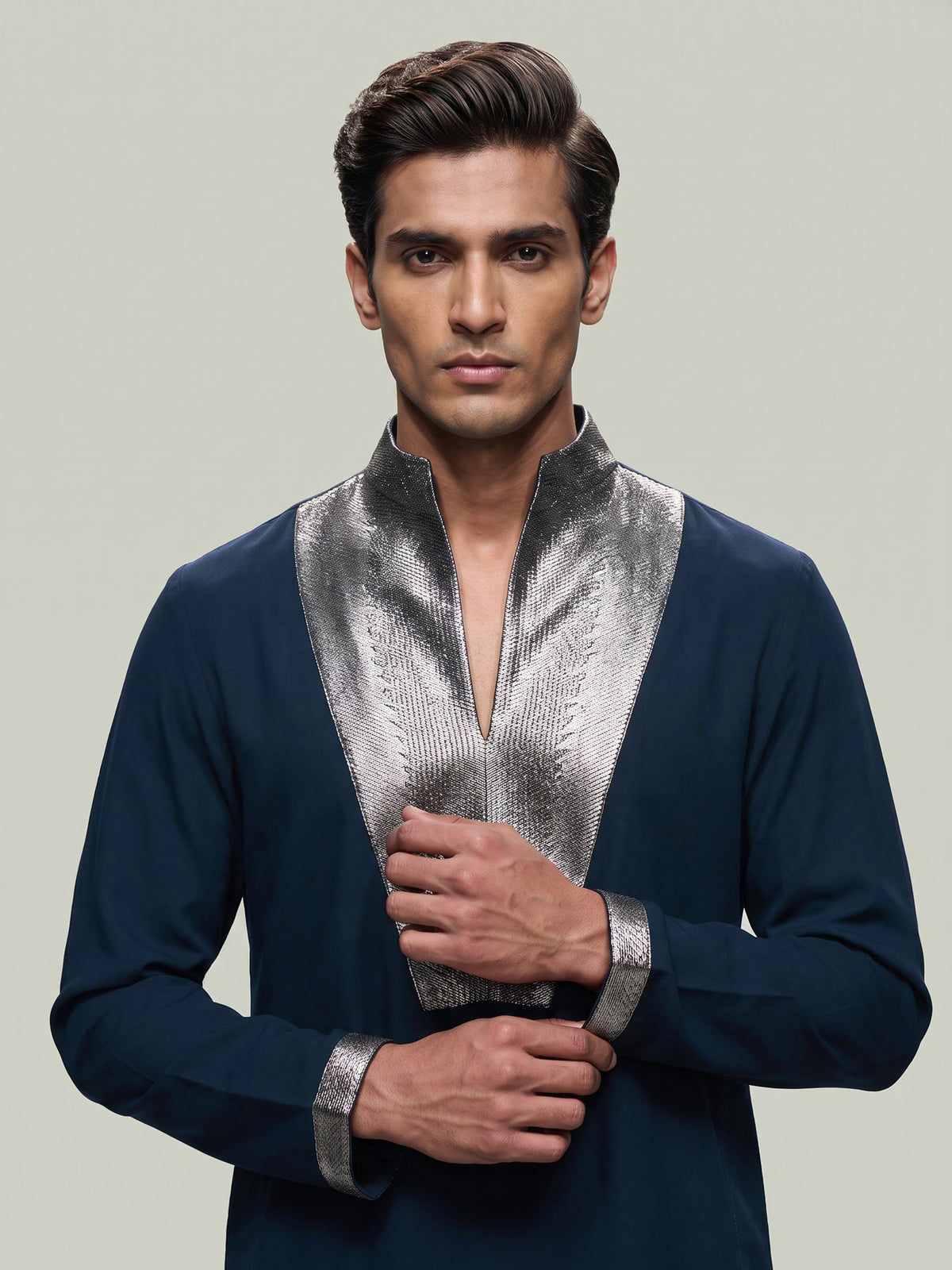 Rama blue metallic men wedding kurta suit