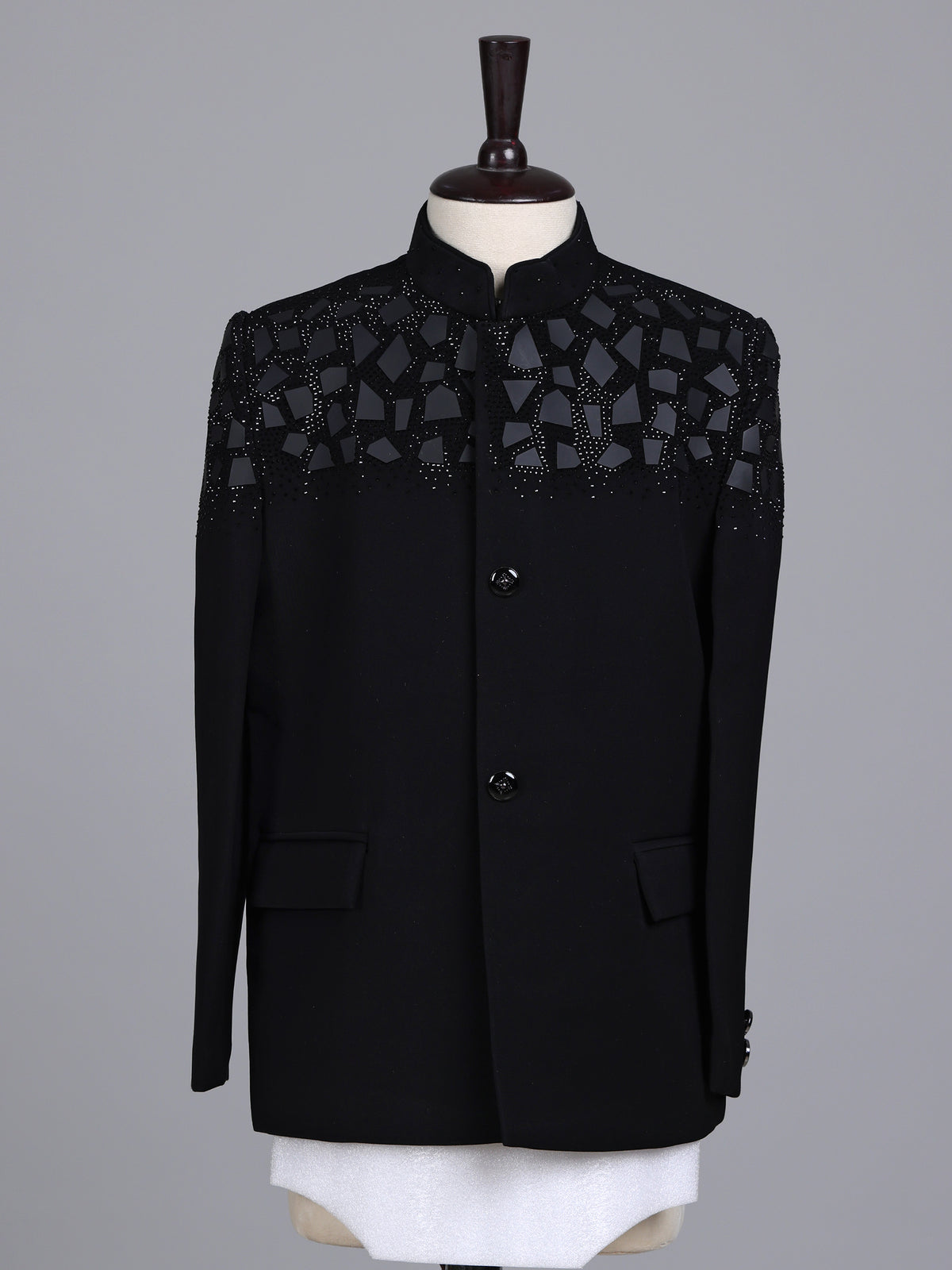 Black boys coat suit with geometric mosaic rhinestone detailing