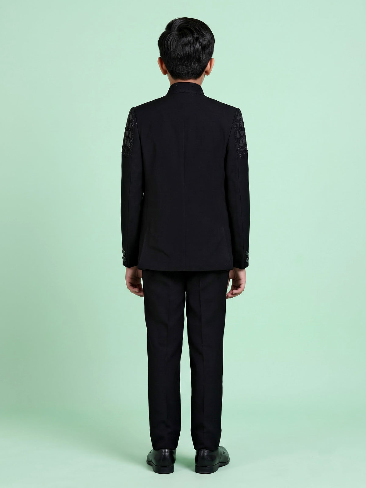 Black boys coat suit with geometric mosaic rhinestone detailing