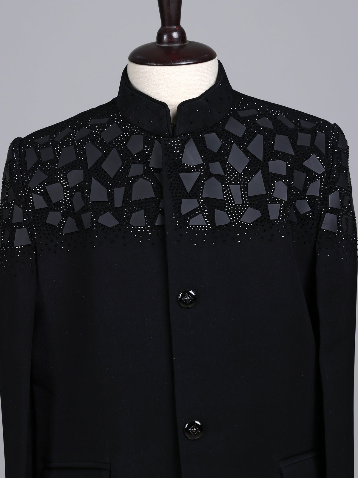 Black boys coat suit with geometric mosaic rhinestone detailing