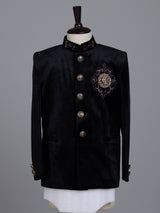 Black velvet boys jodhpuri suit with regal crest detailing