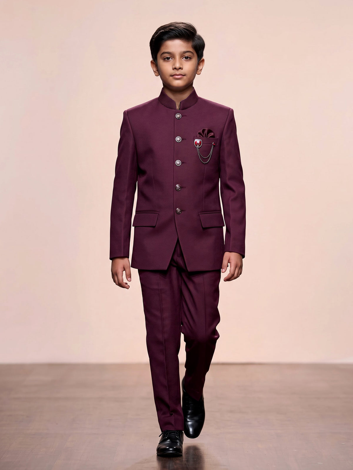 Wine boys jodhpuri suit with jacquard texture and metallic brooch