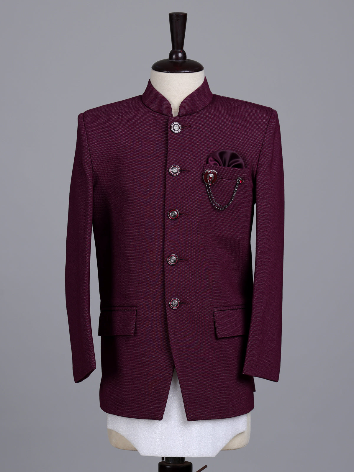 Wine boys jodhpuri suit with jacquard texture and metallic brooch