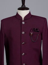 Wine boys jodhpuri suit with jacquard texture and metallic brooch