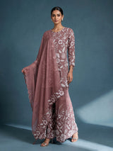 Light brown tissue silk pakistani palazzo suit with embellished dupatta