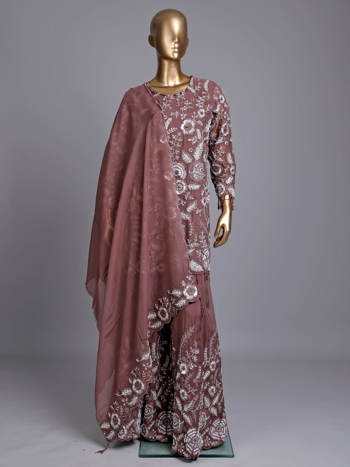 Light brown tissue silk pakistani palazzo suit with embellished dupatta