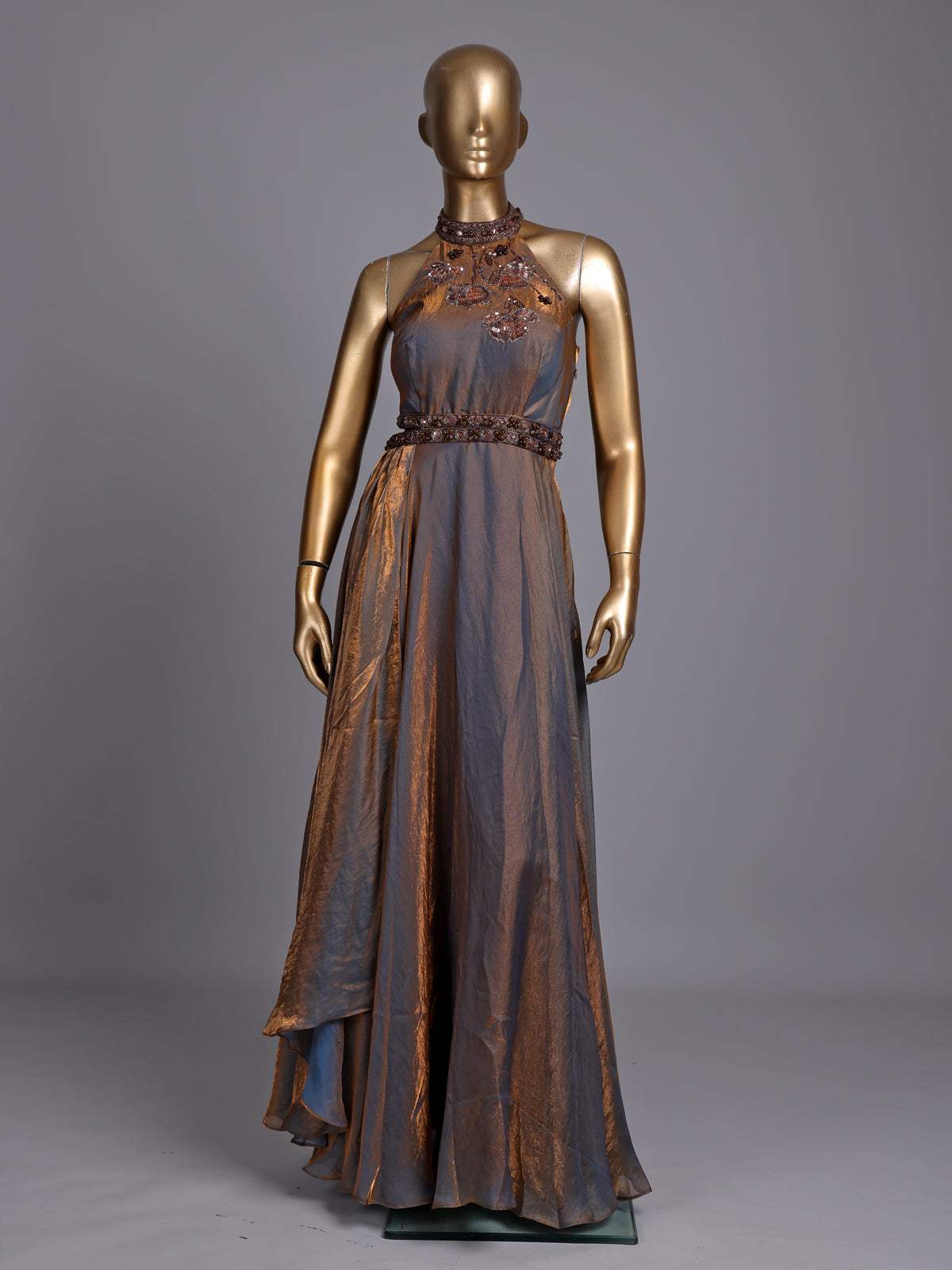 Pastel blue metallic tissue silk anarkali with embellished halter neckline